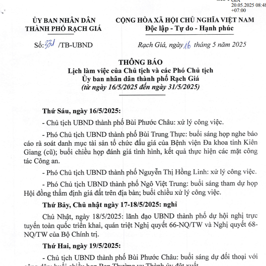 Lịch làm việc của Chủ tịch và các Phó Chủ tịch Ủy ban nhân dân thành phố Rạch Giá (từ ngày 16/5/2025 đến ngày 31/5/2025)